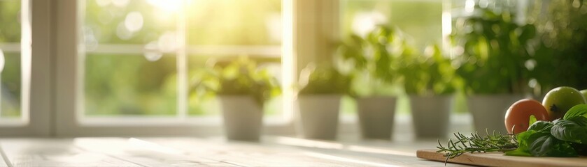 Fresh herbs and vegetables on sunlit table.