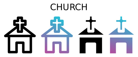church icon sheet with line, glyph, gradient multistyle collection of elements for design