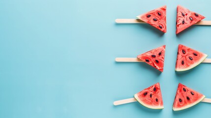 Creative watermelon slices on sticks against a vibrant cyan backdrop