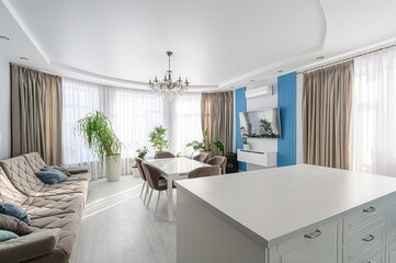 interior apartment kitchen and dining room, refectory area, cooking equipment, table furniture, stove