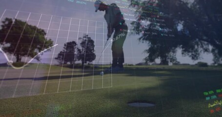 Male golfer lining up putt on golf green, integrating live finance line charts and stock symbols - Powered by Adobe