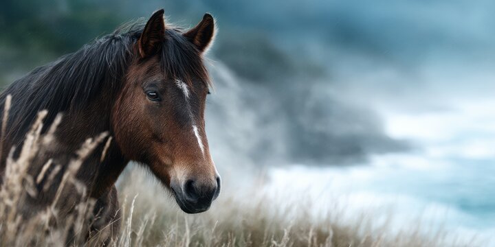 Majestic brown horse stands near the coastline among tall grass in a misty landscape at dawn - Powered by Adobe