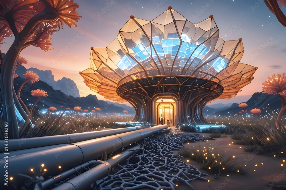 Poster 未来的なガラスと金属の建造物 夕焼け時の幻想的な風景の中に建つデザインされた構造物