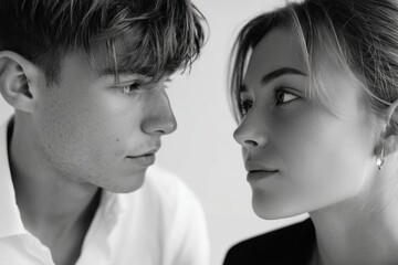Fototapeta premium A striking close-up captures the intense connection between a young couple as they gaze into each other’s eyes, evoking deep emotions and curiosity in their expressions.