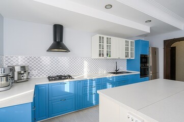 interior apartment kitchen and dining room, refectory area, cooking equipment, table furniture, stove