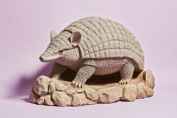 Obraz premium Detailed sculpted representation of an armadillo on a rocky outcrop.