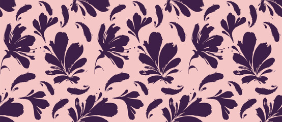 Bold dark purple floral vector pattern on soft pink background in seamless hand drawn style for fashion and print