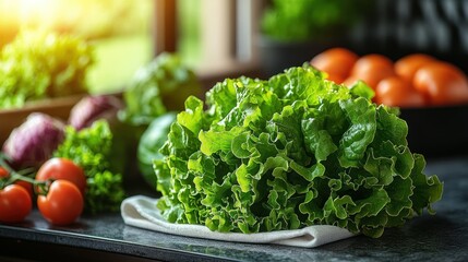 Fresh, vibrant green lettuce head on countertop amongst other produce