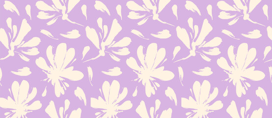 Light violet seamless floral pattern background with cream flower silhouettes in vector botanical style