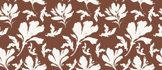 Chocolate brown floral pattern background with cream silhouette flowers in vintage seamless vector design