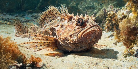 A venomous stonefish lying still on the seabed, its spiky dorsal fins visible among the sand and coral