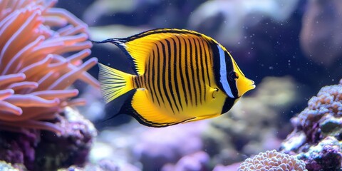 Obraz premium A vibrant butterflyfish gliding near a colorful coral reef, its yellow and black markings standing out