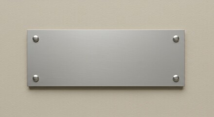 AI image presents a blank brushed silver metal nameplate, secured with rivets, mounted on a textured beige wall, offering copy space.