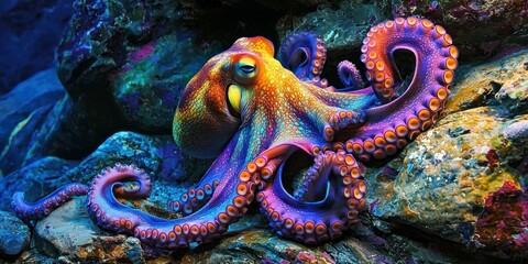 A vibrant octopus changing colors while resting on a rocky ocean floor, blending in with the surroundings