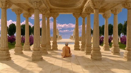Fototapeta premium Person Meditating in a Sunlit Temple Courtyard