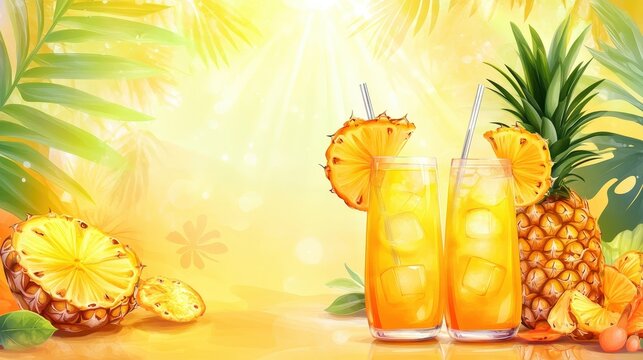 A vibrant summer background with tropical fruit, pineapple drinks, and a sunny atmosphere