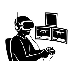 FPV drone pilot in chair monitoring screen in race control room