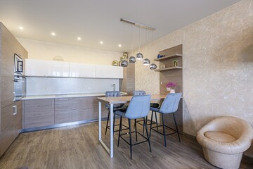 interior apartment kitchen and dining room, refectory area, cooking equipment, table furniture, stove