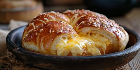 A warm, cheese-stuffed pretzels, with melted cheese oozing out from the soft dough
