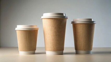 Three sizes of disposable paper cups with white lids on a neutral background
