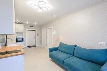 interior apartment kitchen and dining room, refectory area, cooking equipment, table furniture, stove