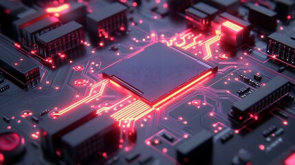 Futuristic circuit board close-up with glowing neon light connections