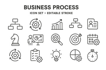 Vector icon set displaying various elements related to business processes, including workflows, analysis, and planning tools