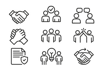 Vector icon set illustrating teamwork, collaboration, and communication in business environments