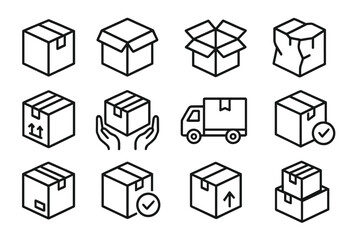 Vector icon set featuring various box designs and delivery symbols for packaging and logistics needs