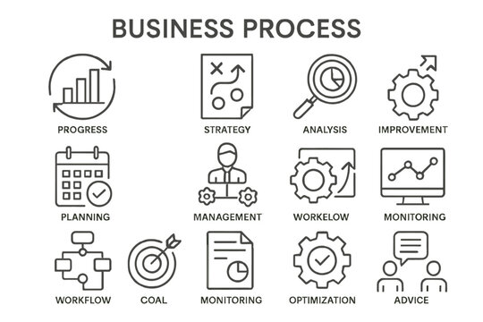 Vector icon set illustrating various stages and elements of business process management and optimization techniques