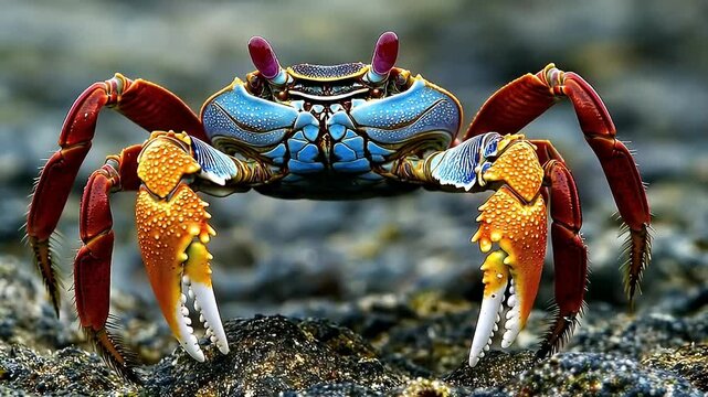 Vibrant Crab with Blue Shell Red Claws and Orange Pincers on a Rocky Beach