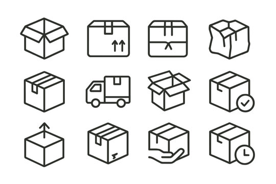 Vector icon set featuring various box designs for shipping and packaging purposes used in logistics and delivery services