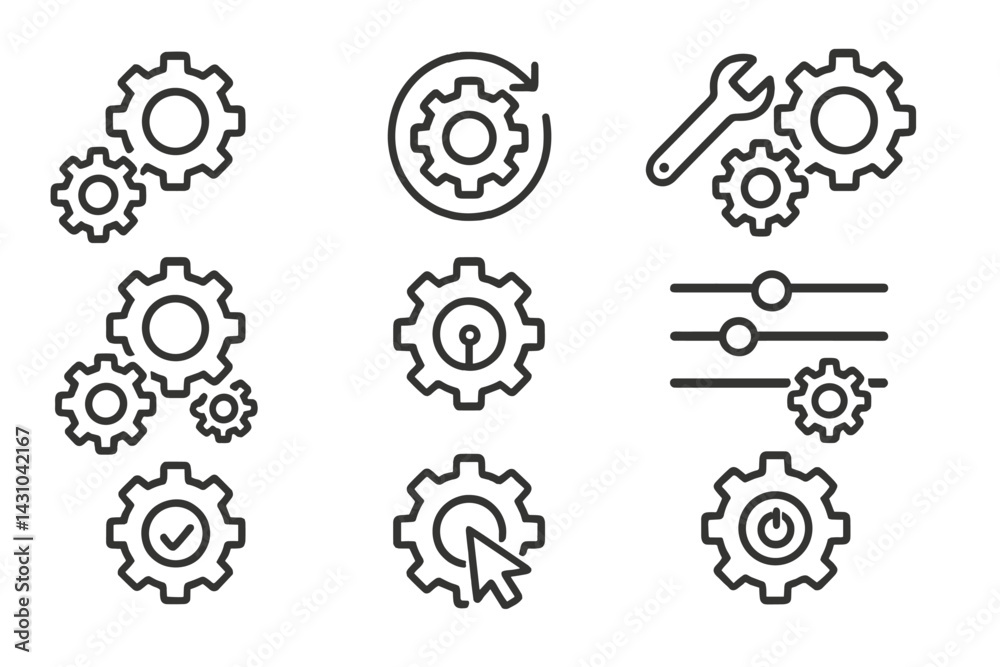 Poster vector icon set featuring gears and tools for illustrating mechanical concepts and settings in vario