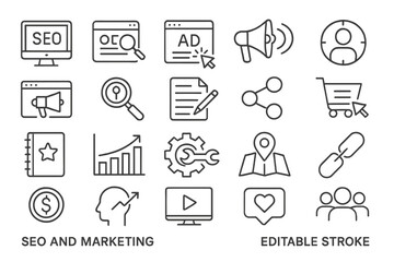 Vector icon set showcasing digital marketing tools and methods for enhancing online presence