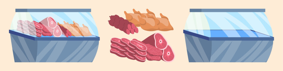 Cartoon Color Empty and Full Supermarket Refrigerator with Meat Set Concept Flat Design Style. Vector illustration