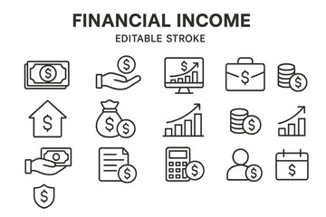 Vector icon set featuring financial income symbols including cash, charts, and business tools for budgeting and finance