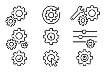 Vector icon set featuring gears and tools for illustrating mechanical concepts and settings in various contexts