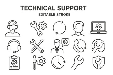 Comprehensive vector icon set for technical support service featuring tools and assistance symbols