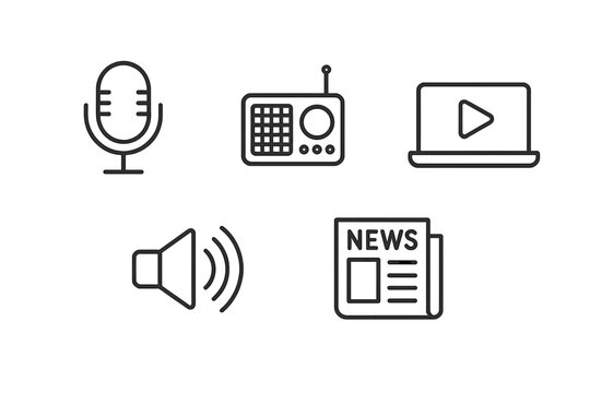 Vector icon set representing various media forms such as audio, video, and print news formats