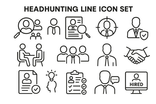 Headhunting line icon set featuring diverse recruitment elements and professional interactions for talent acquisition