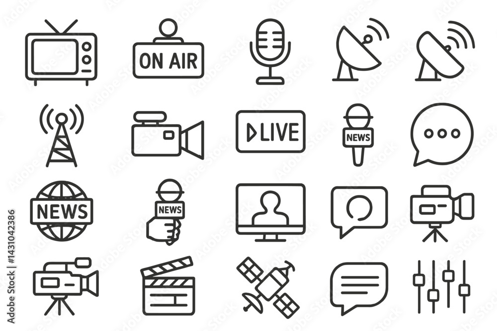 Poster vector icon set featuring media-related symbols and elements for broadcasting and communication