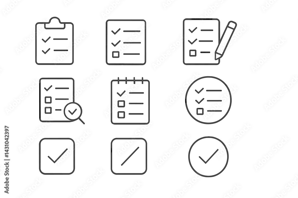 Poster vector icon set featuring checklists and check marks for various applications and design projects