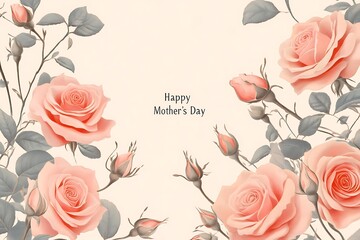 "Happy Mother's Day" in a classic serif font with a border of illustrated roses and vines in soft pink tones