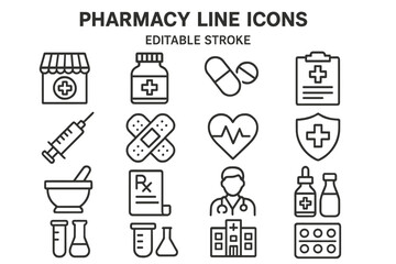 Vector icon set featuring pharmacy-related elements including medication, medical equipment, and healthcare symbols