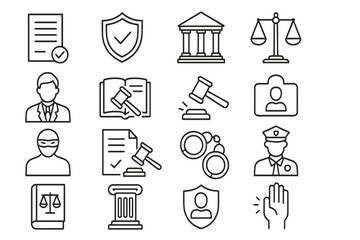 Vector icon set depicting legal and law enforcement elements including symbols of justice, government, and security measures in monochrome
