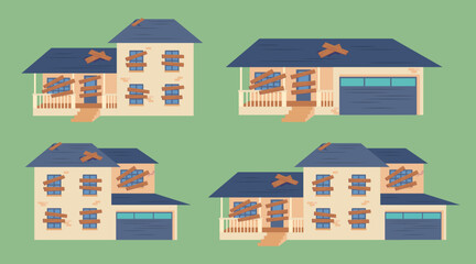 Cartoon Color Different Dilapidated House Set Abandoned Building Concept Flat Design Style. Vector illustration of Old Weathered Houses