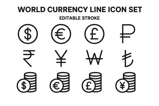 World currency line icon set featuring various global currency symbols and coins designed for digital applications