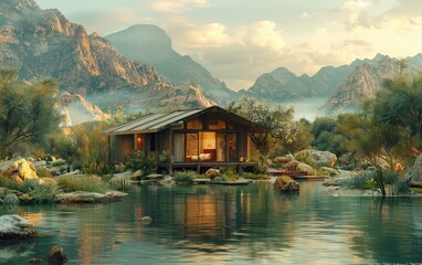 Naklejka premium Serene cabin by a tranquil mountain lake.