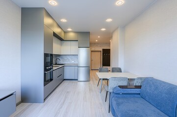 interior apartment kitchen and dining room, refectory area, cooking equipment, table furniture, stove