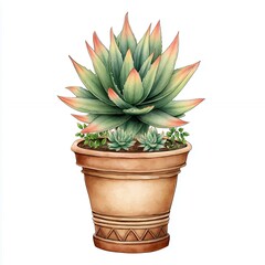 Fototapeta premium Watercolor Succulents in Terracotta Pot on White Background